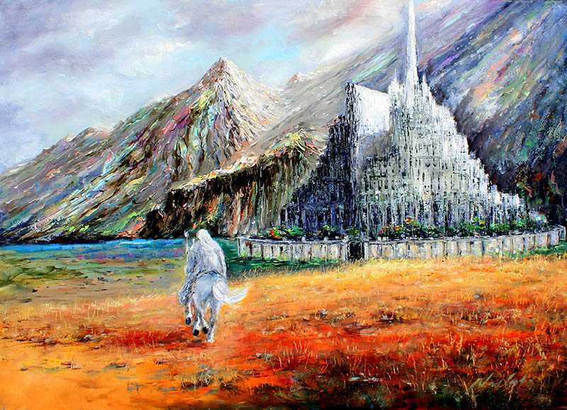 Gandalf arriving at Minas Tirith Gondor 2 - Handmade oil painting on canvas  on demand