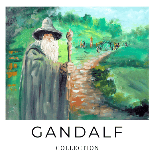 Oil painting of Gandalf in Hobbiton, gazing into the distance with his staff