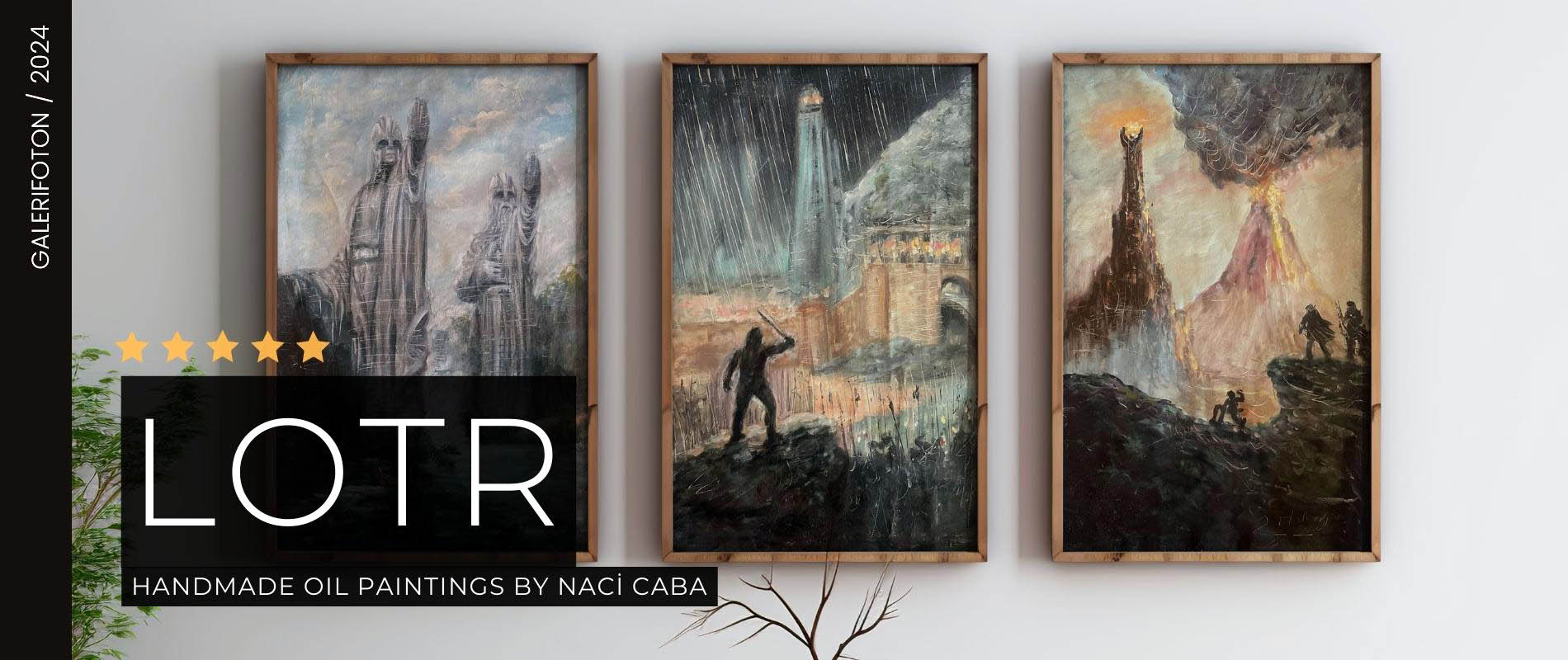 On the wall, three scenes from the LOTR series: Argonath, Battle of Helm's Deep, and Mordor, oil paintings